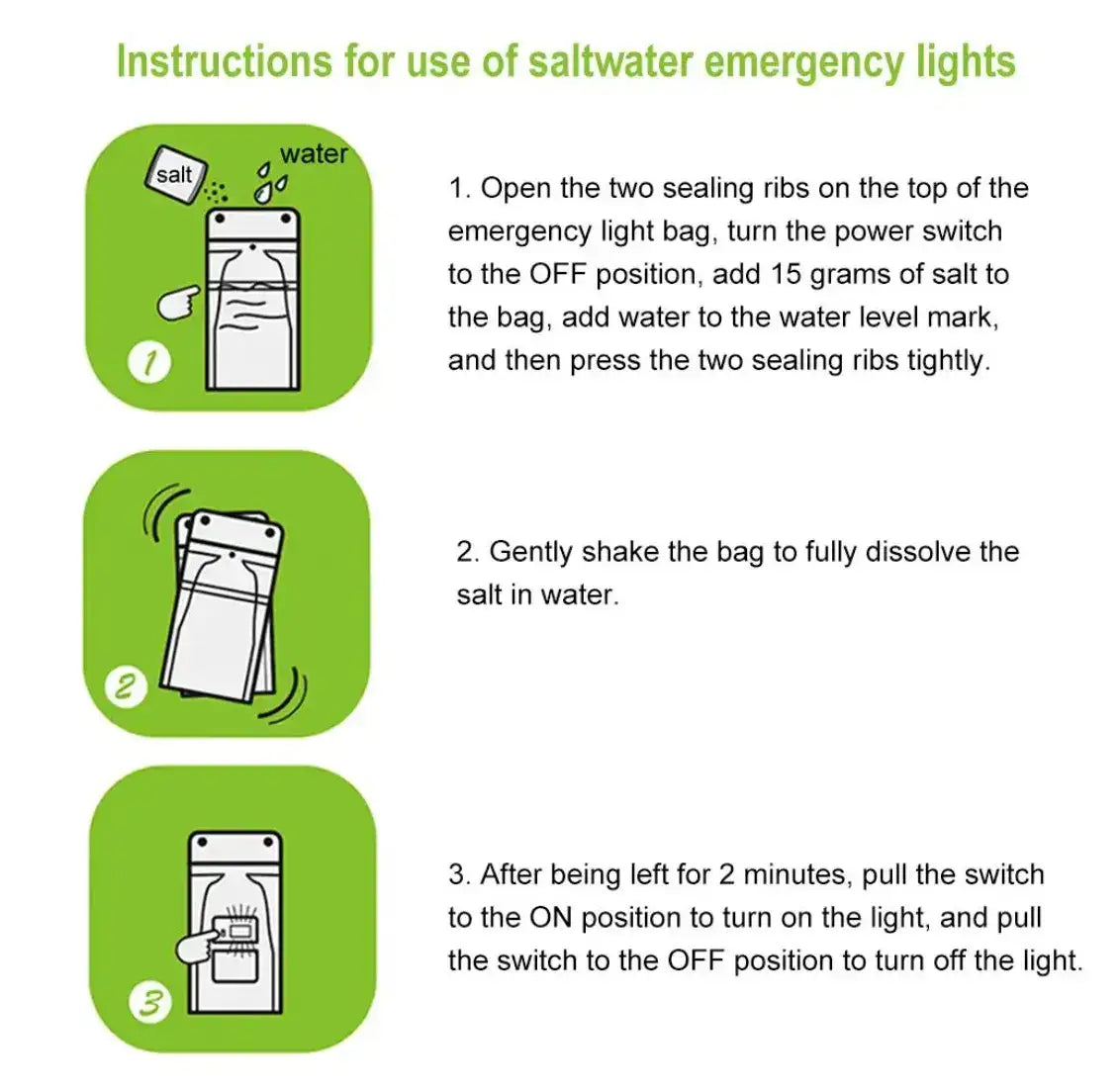 Instructions for using saltwater emergency lights with illustrated steps for setup, mixing, and activation.