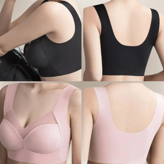 Seamless wireless bras in black and pink, shown from front and back on models.