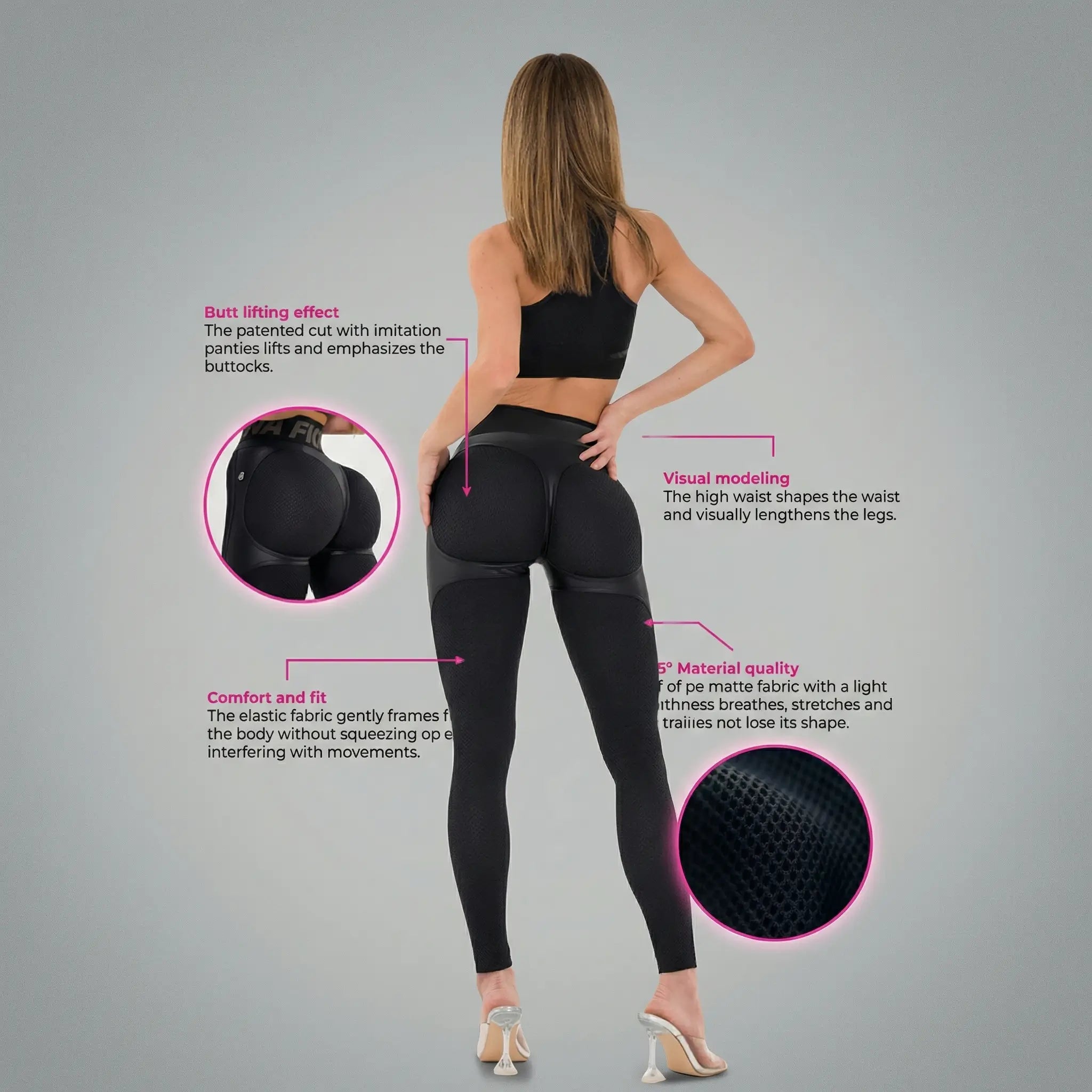 Woman wearing black high-waisted butt-lifting leggings with diagram highlighting shaping features.
