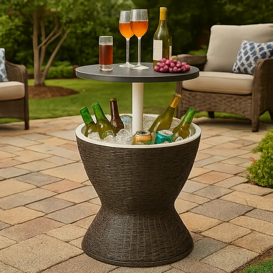3-in-1 Outdoor Rattan Bar Table with Ice Bucket – Adjustable Height & Built-in Cooler - Strike Algo