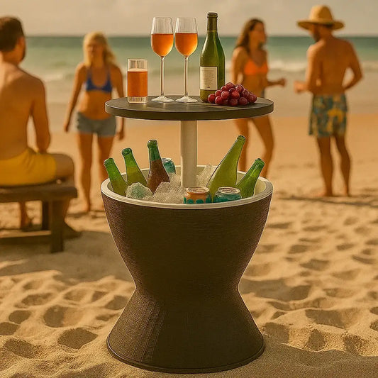 Outdoor cooler table with drinks and ice on sandy beach, people socializing in background.
