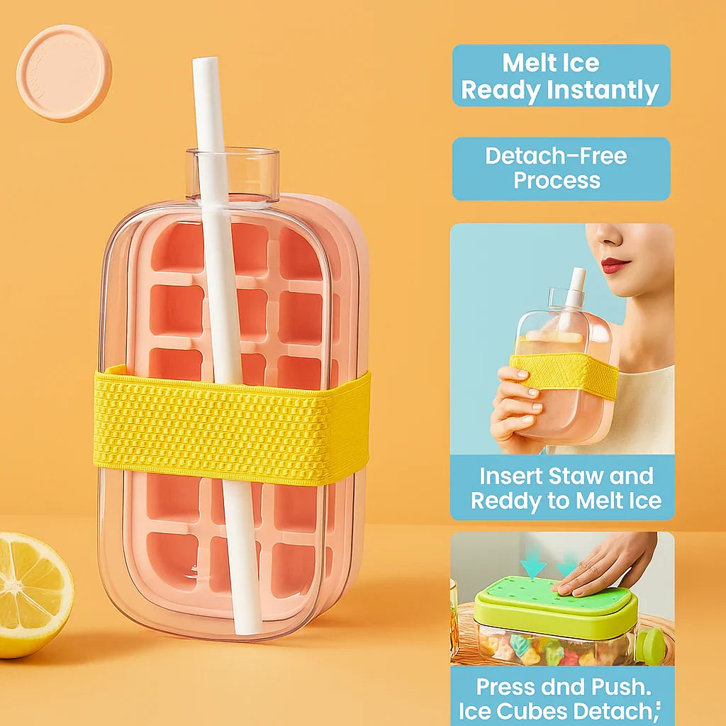 Portable Ice Cube Bottle with Straw – Press to Release, Leak proof, BPA-Free - Strike Algo