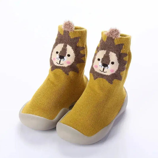 Yellow toddler sock shoes with lion face design and non-slip soles, cute kids footwear
