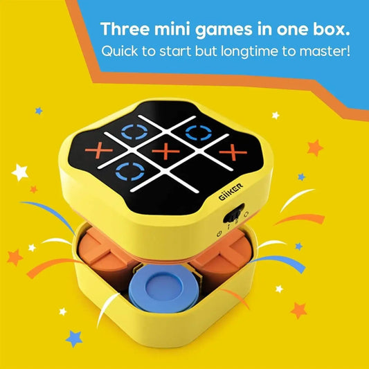 Yellow mini game box featuring tic-tac-toe design with blue and orange game pieces.