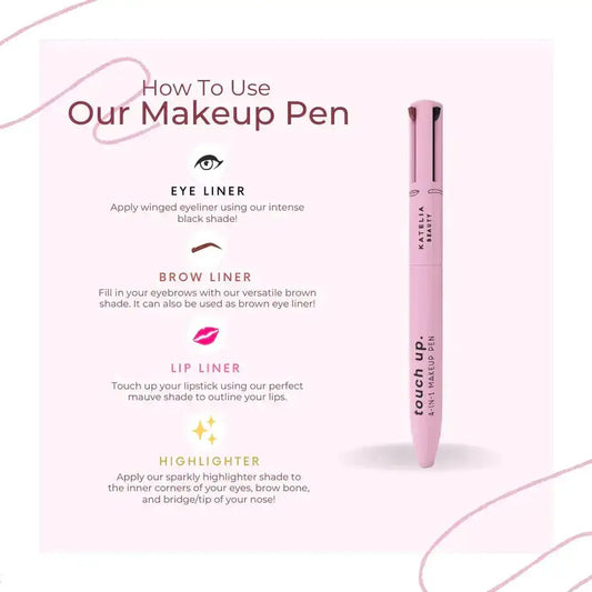 Pink 4-in-1 makeup pen with eyeliner, brow liner, lip liner, and highlighter instructions.