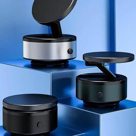 Modern rotating phone stands in black and silver, displayed on blue geometric platforms.