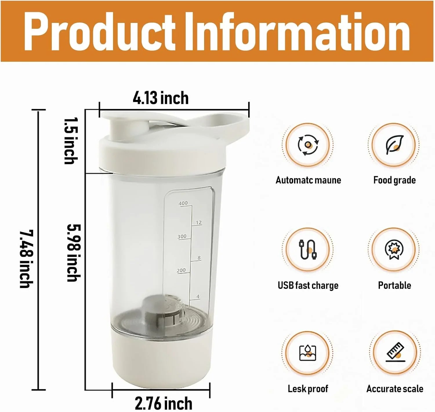Premium Electric Protein Shaker Bottle, Made with Tritan - BPA Free - 14 oz Vortex Portable Mixer Cup/USB Rechargeable Shaker Cups for Protein Shakes - Strike Algo