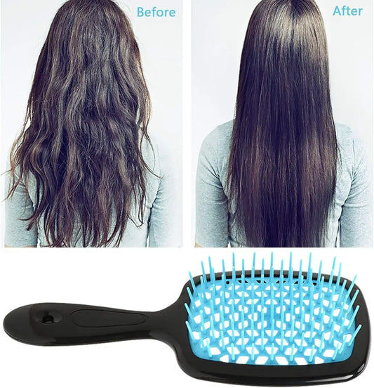 Before and after comparison of frizzy and smooth hair with a black and blue detangling brush below.