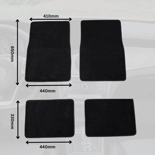 Set of four black car floor mats with dimensions labeled on vehicle interior background