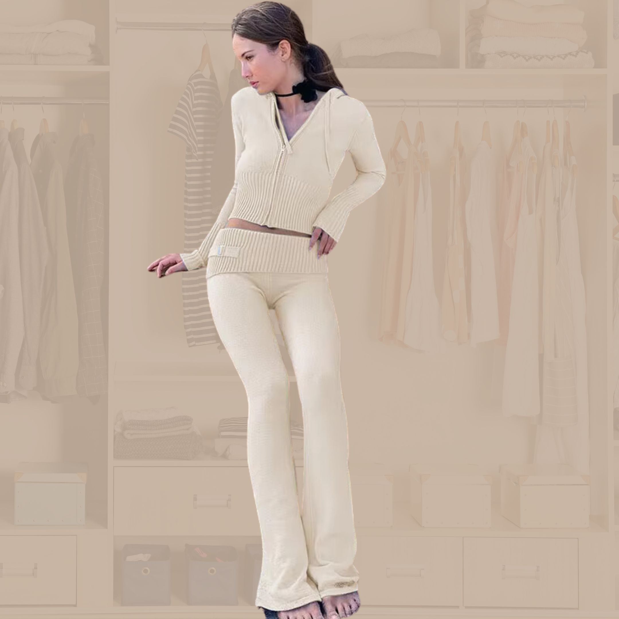 Women's Knitted Long Sleeve Hoodie and Pants Zip Up Sets