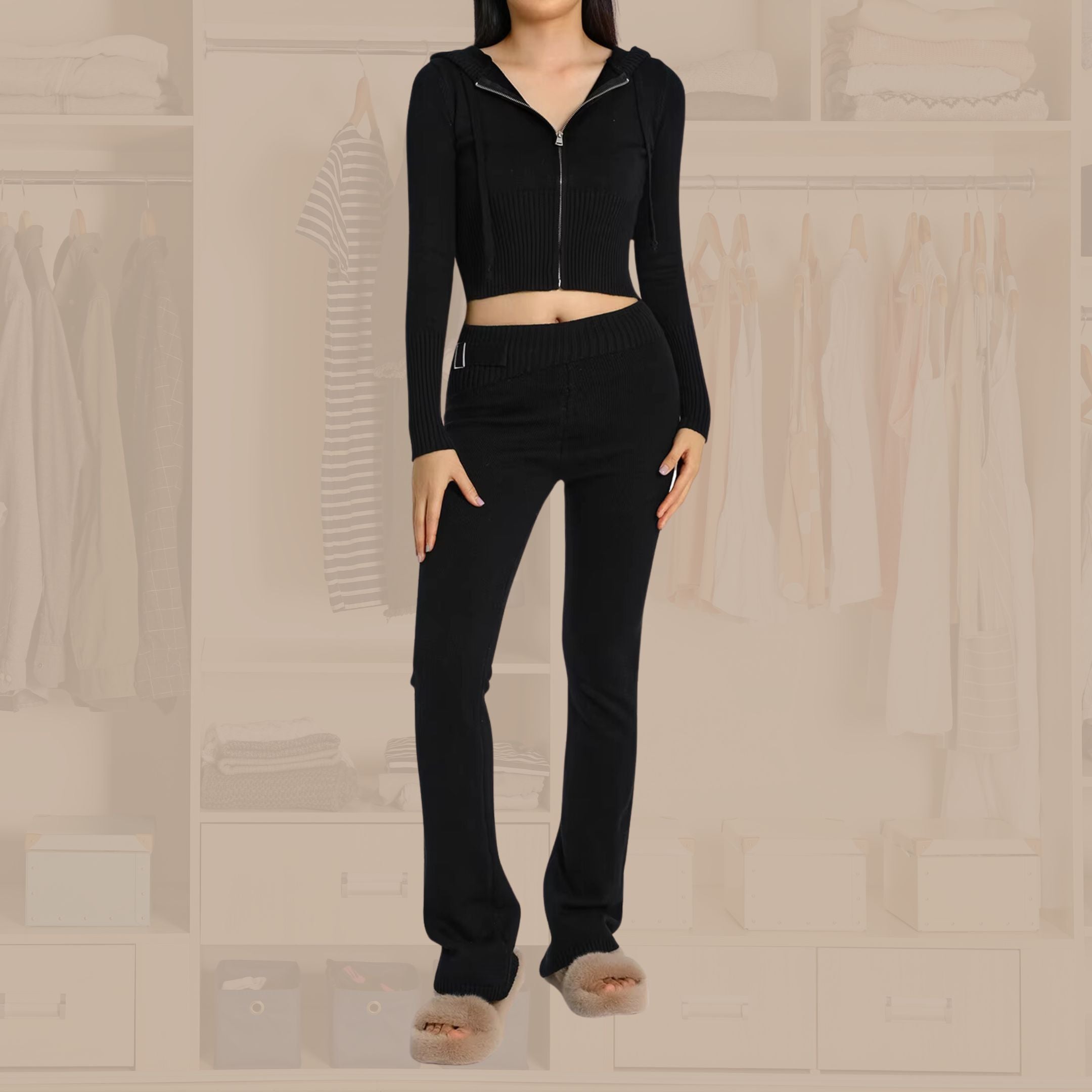 Women's Knitted Long Sleeve Hoodie and Pants Zip Up Sets