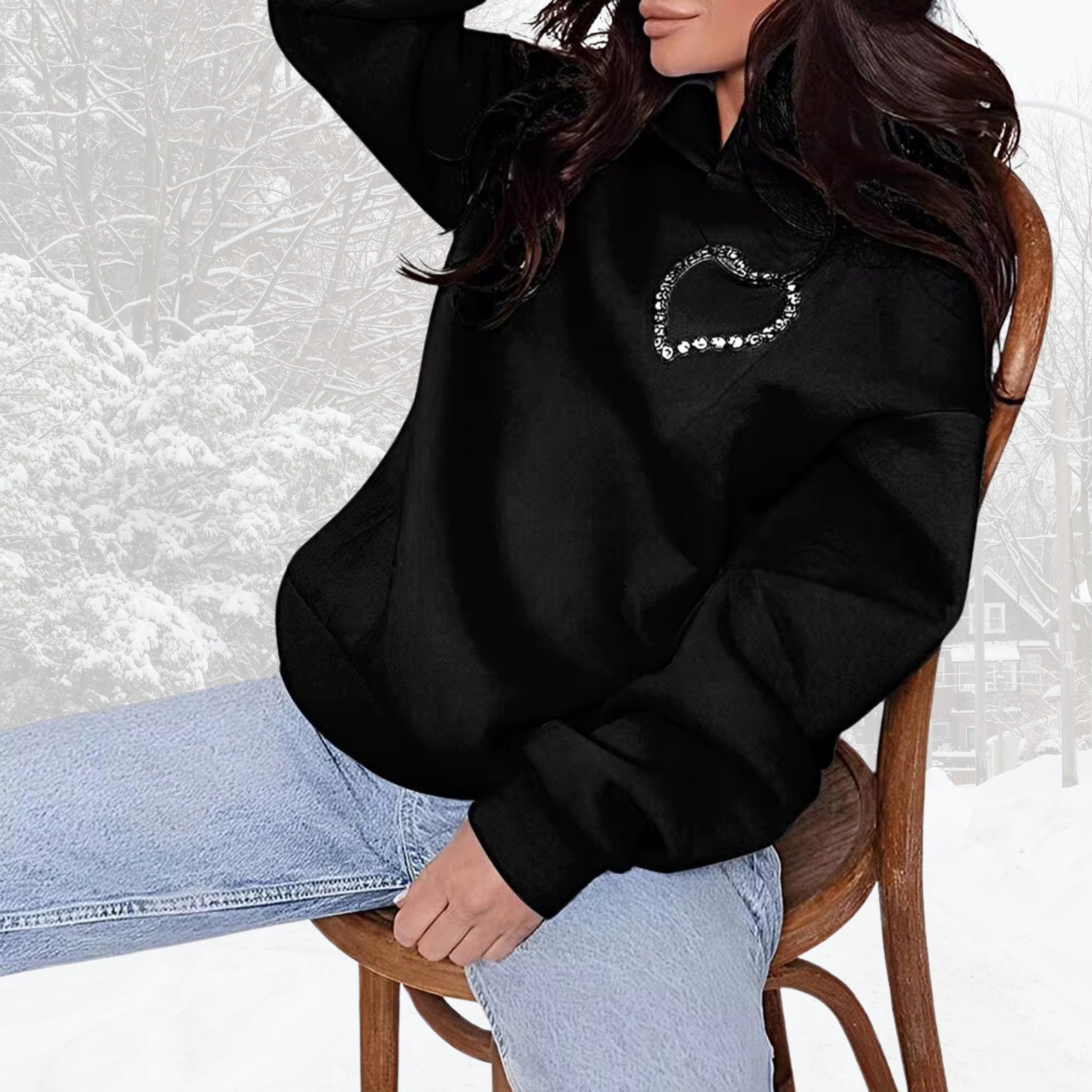 Women's Hoodie Heart Shape Hooded Backless Hollow Out Rhinestone