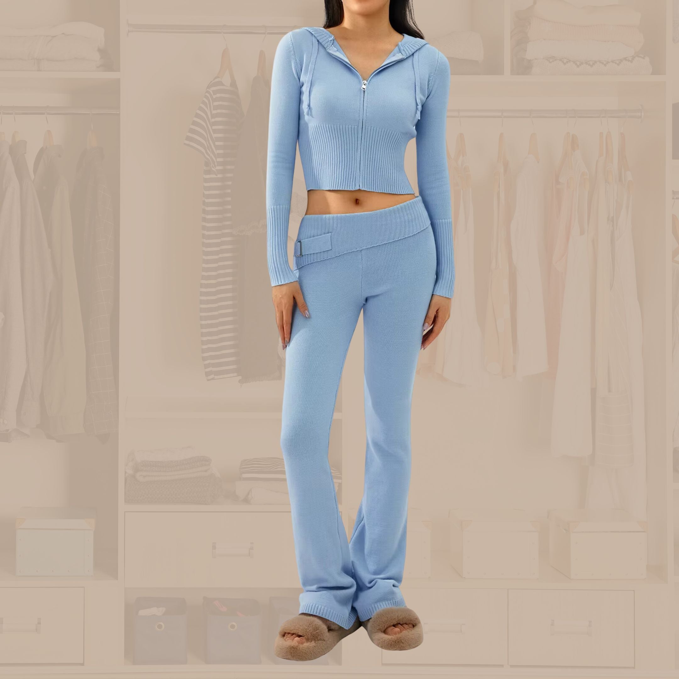 Women's Knitted Long Sleeve Hoodie and Pants Zip Up Sets