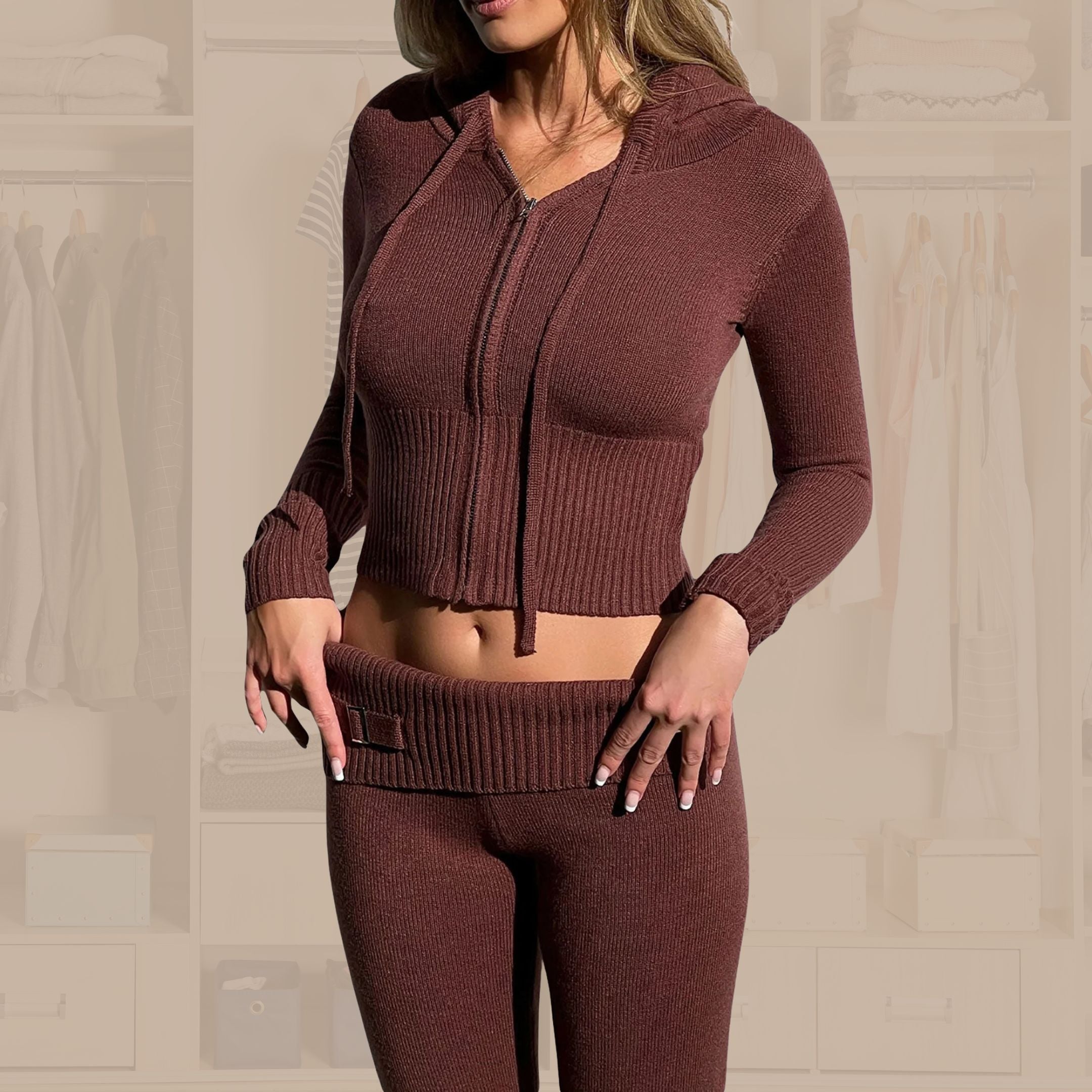Women's Knitted Long Sleeve Hoodie and Pants Zip Up Sets