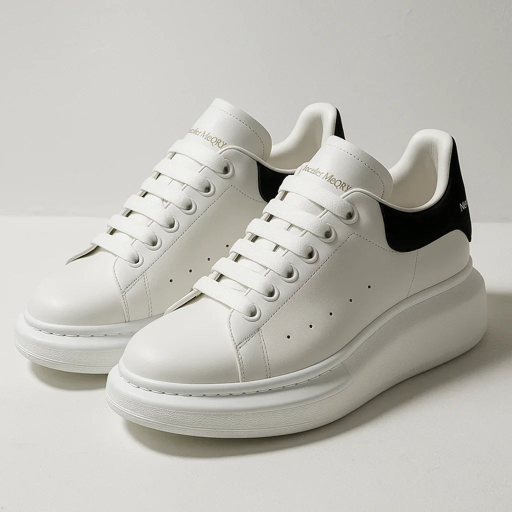 Oversized Leather Sneakers – White & Black Pearl - Strike Algo