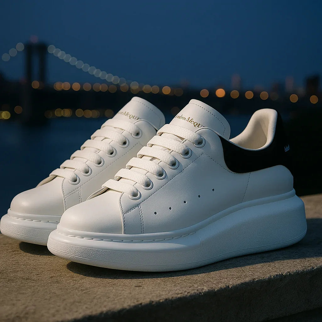 Oversized Leather Sneakers – White & Black Pearl - Strike Algo