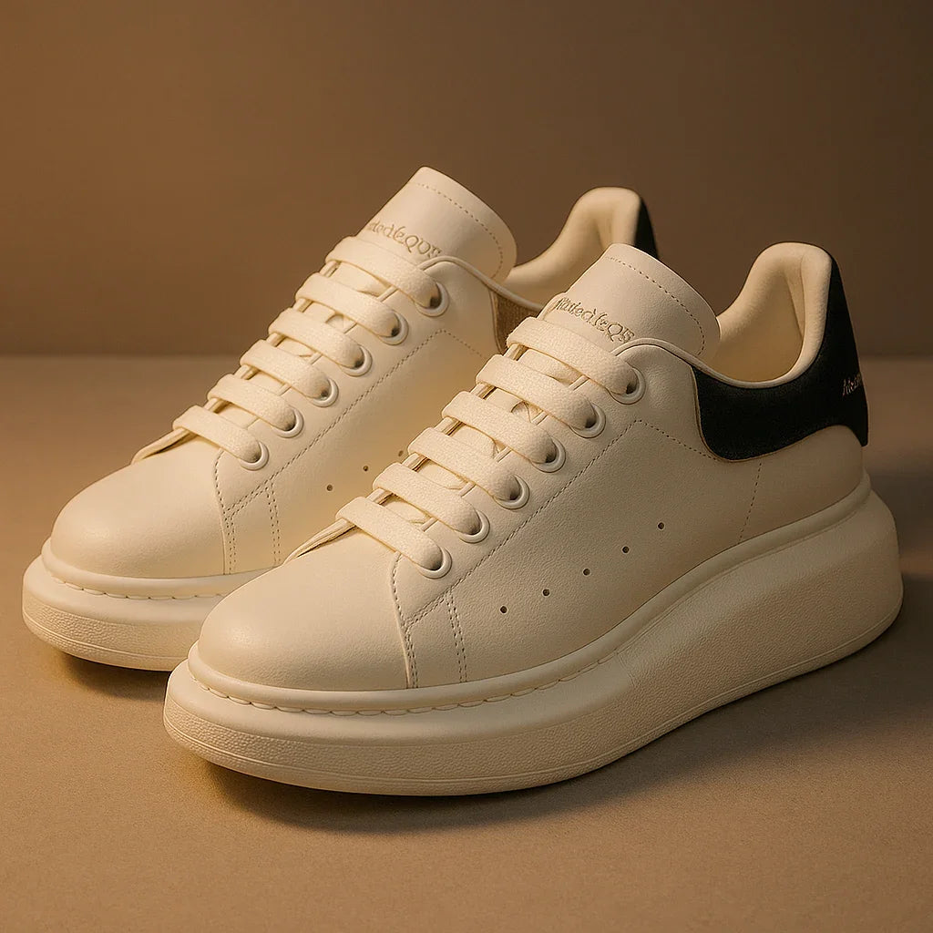 Oversized Leather Sneakers – White & Black Pearl - Strike Algo