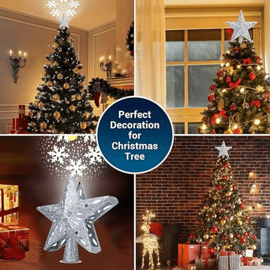 LED star Christmas tree topper projecting snowflakes, shown on decorated Christmas trees indoors