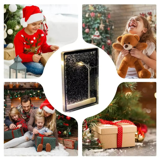 Christmas family celebration with gifts, children, teddy bear, and LED snow lamp decor