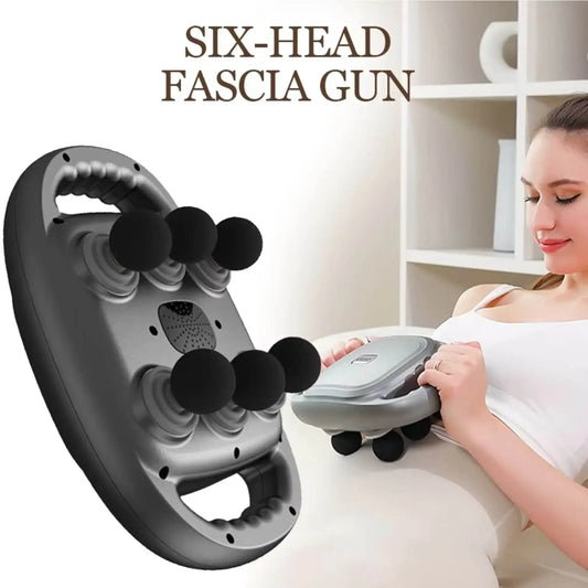 Woman using six-head fascia gun massager for muscle relaxation at home