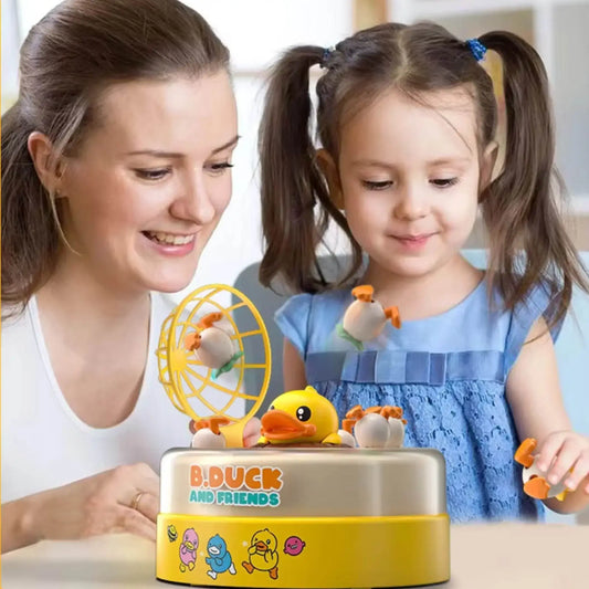 Mother and daughter playing with B.Duck and Friends interactive toy, colorful and fun