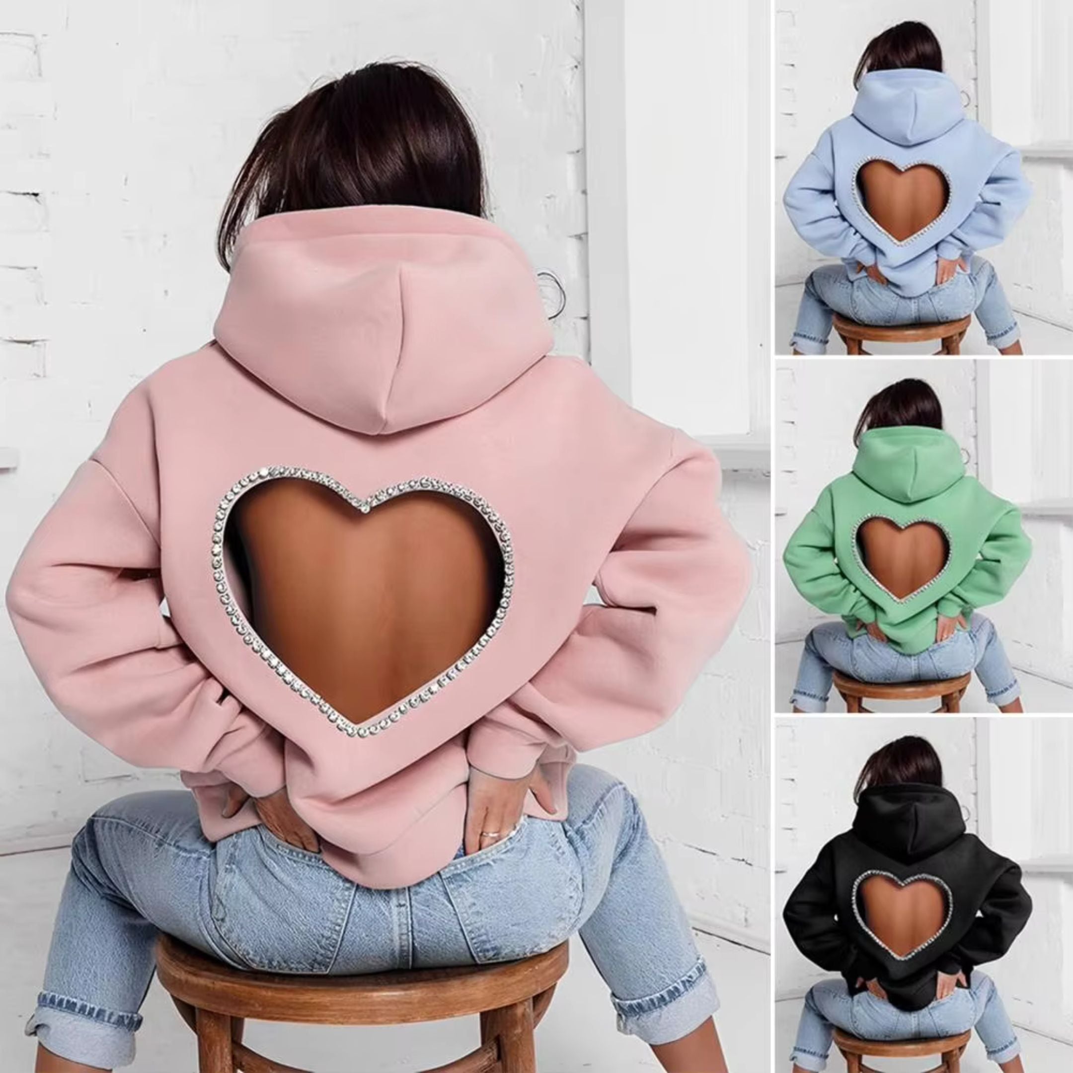 Women's Hoodie Heart Shape Hooded Backless Hollow Out Rhinestone