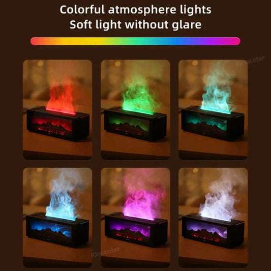 LED humidifier lamp with colorful mist light, fireplace design, adjustable ambient lighting