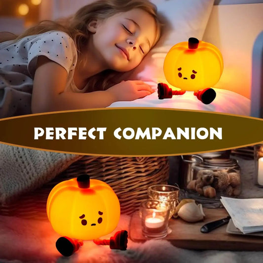 Cute pumpkin night light with facial expression beside a sleeping child, cozy bedroom setting.