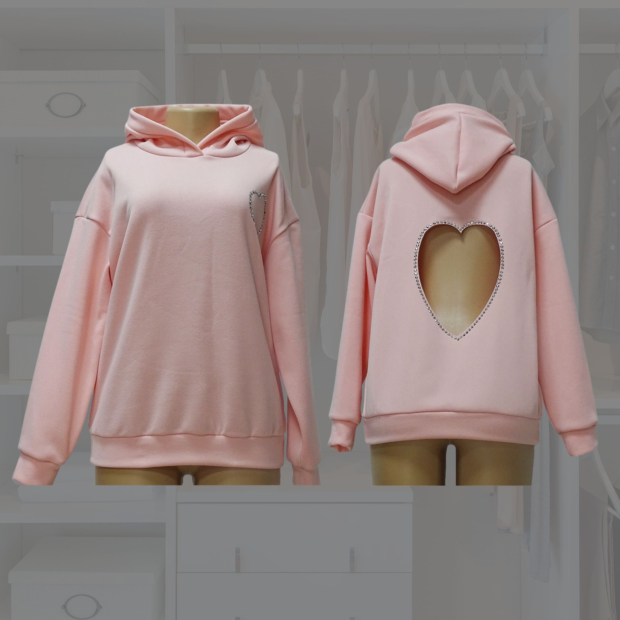 Women's Hoodie Heart Shape Hooded Backless Hollow Out Rhinestone