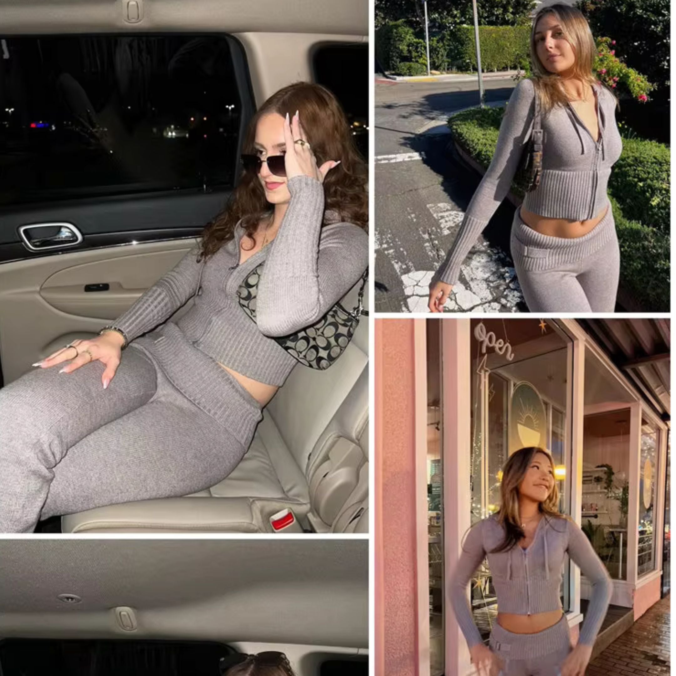 Women's Knitted Long Sleeve Hoodie and Pants Zip Up Sets