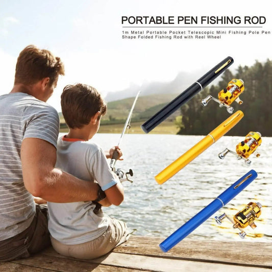 Portable pen fishing rods in black, yellow, and blue with father and child fishing by a lake.