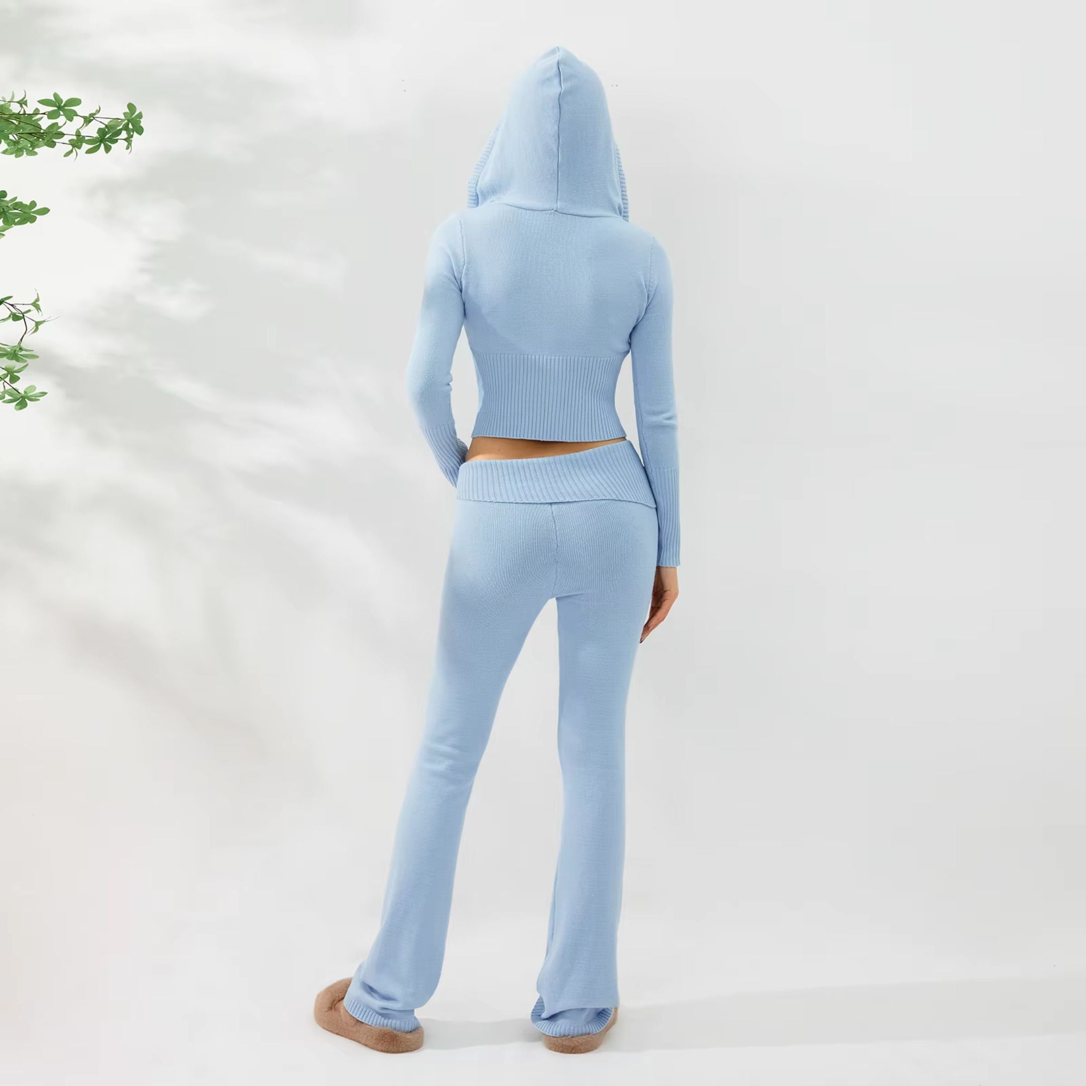 Women's Knitted Long Sleeve Hoodie and Pants Zip Up Sets