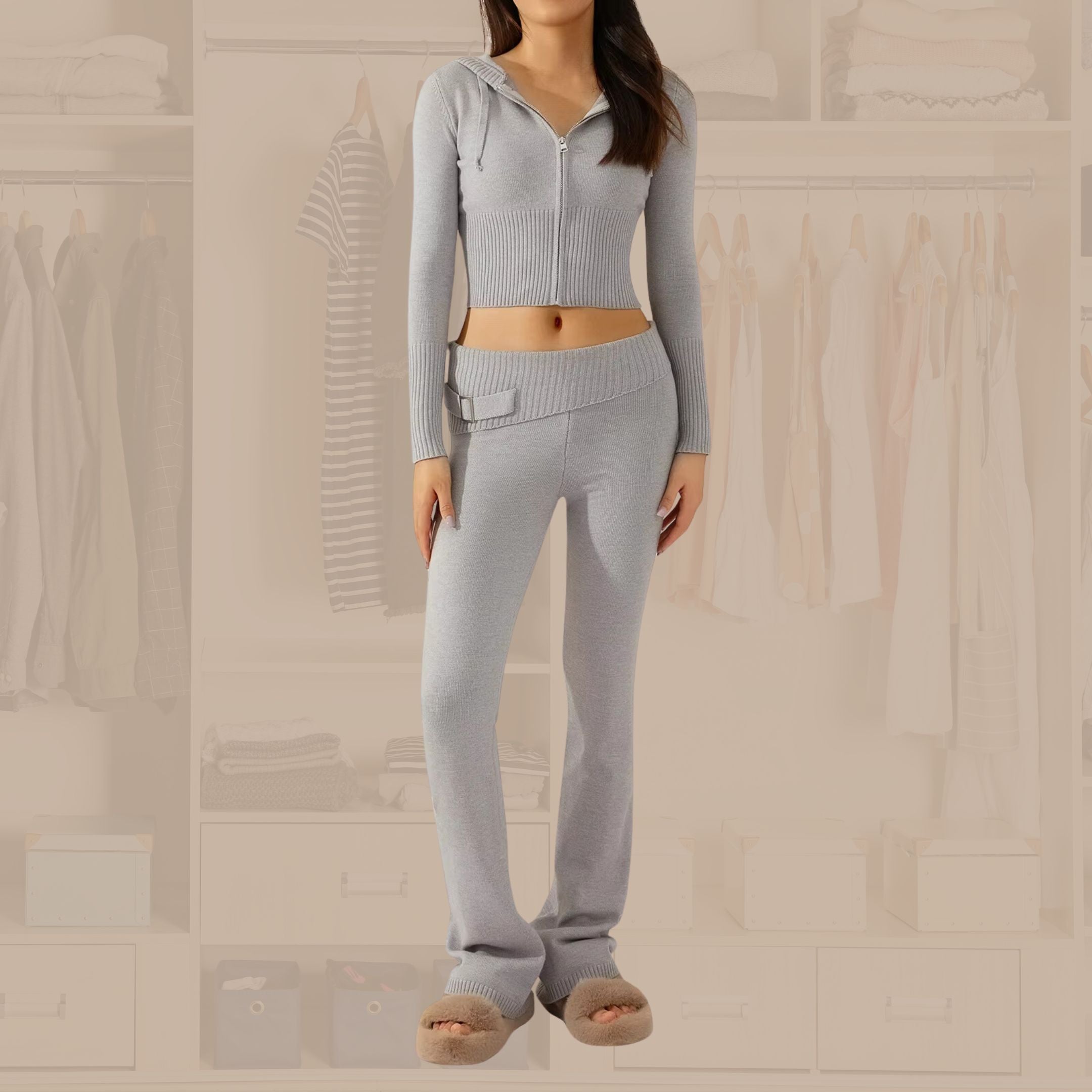 Women's Knitted Long Sleeve Hoodie and Pants Zip Up Sets