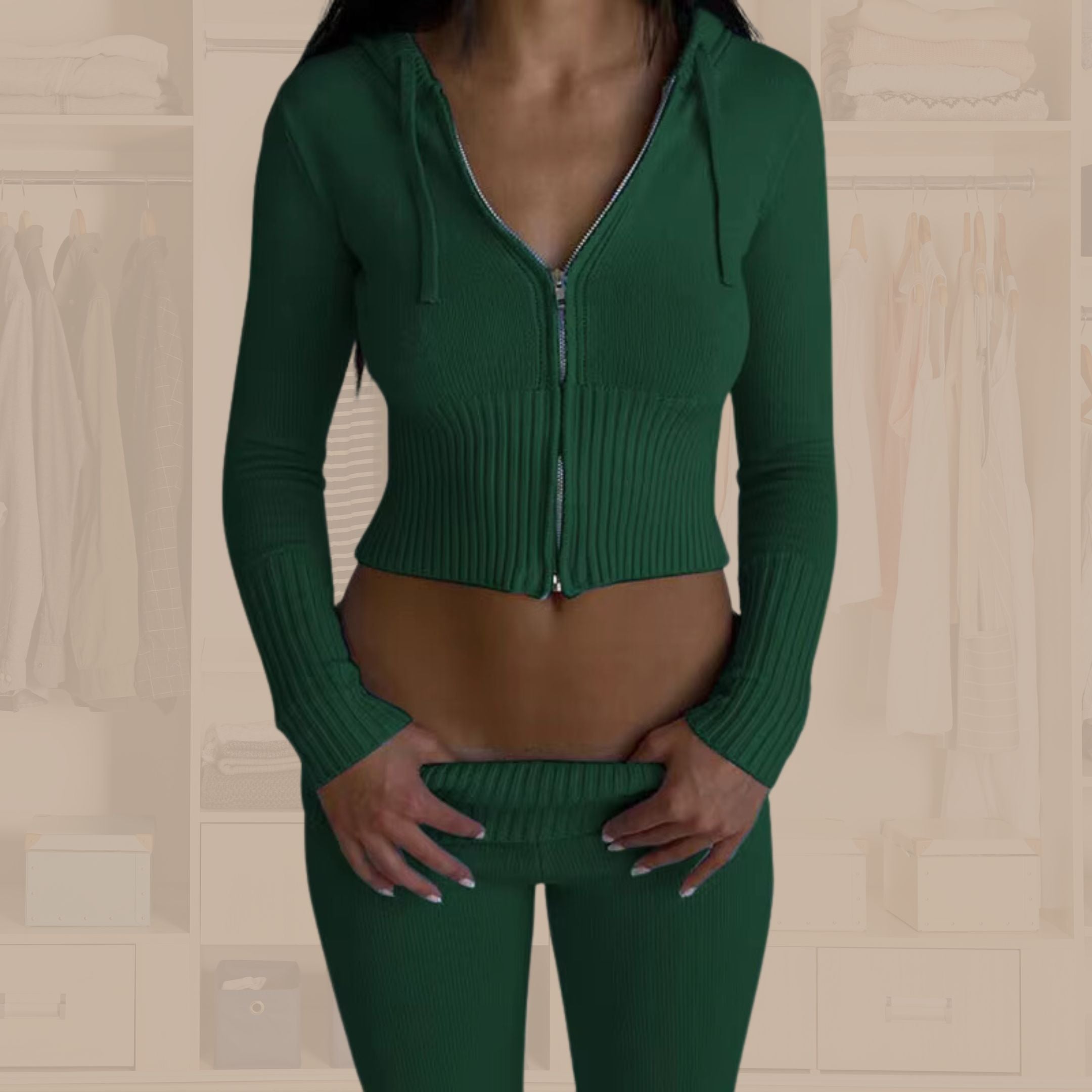 Women's Knitted Long Sleeve Hoodie and Pants Zip Up Sets