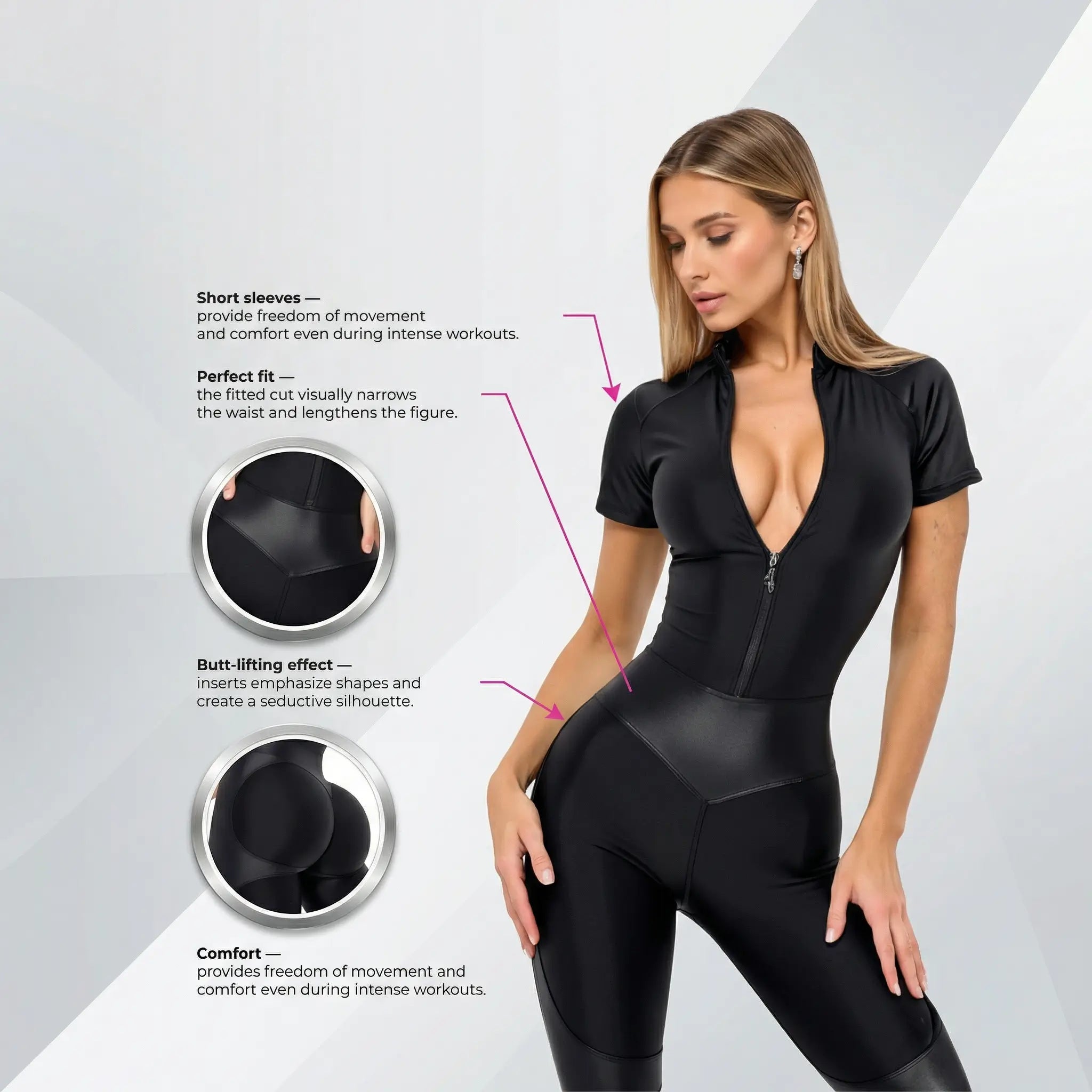 Woman wearing black short sleeve zip-up jumpsuit with butt-lifting and slim fit design features.