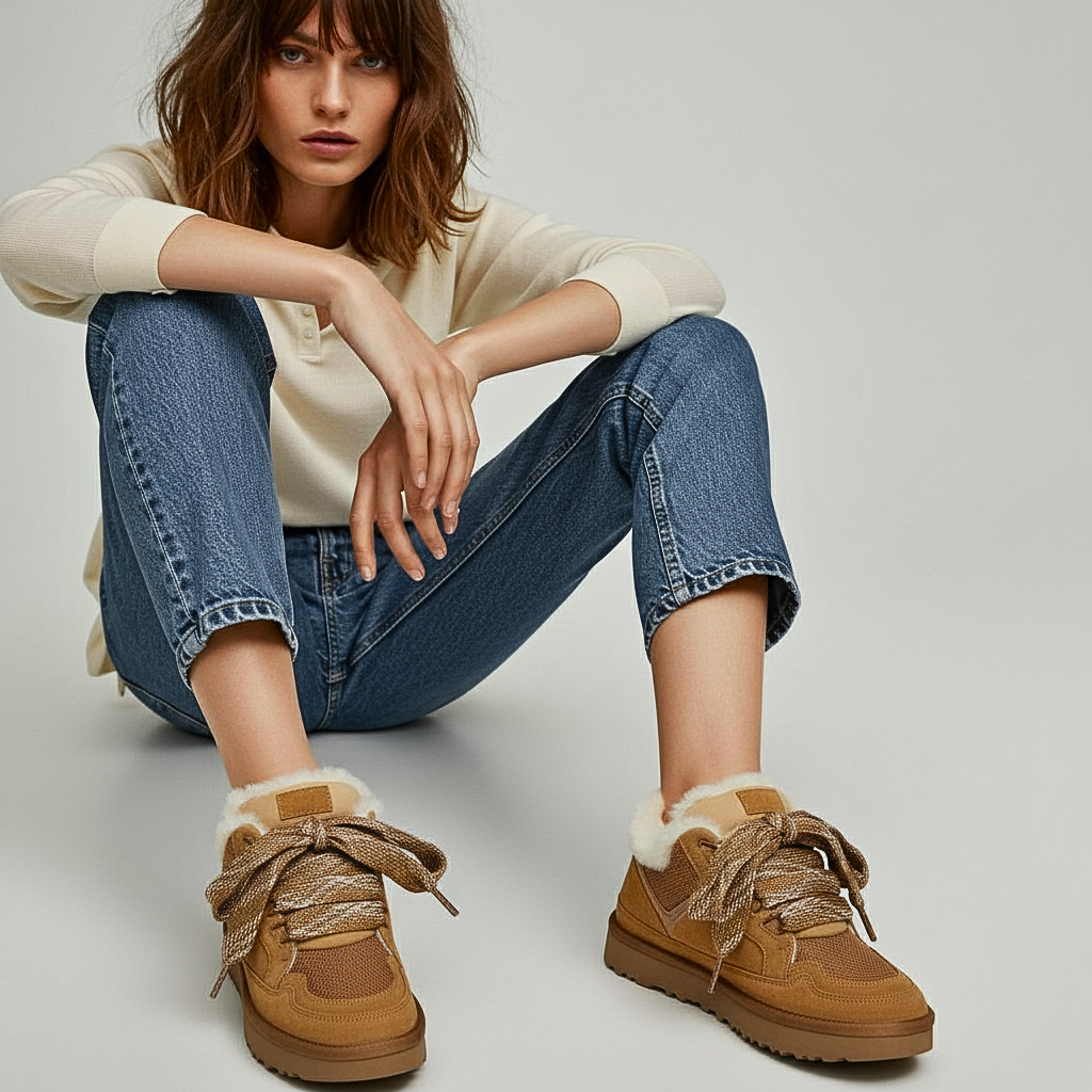 UGG Lowmel women’s moccasins in chestnut suede with sheepskin lining, side view showing slip-on design