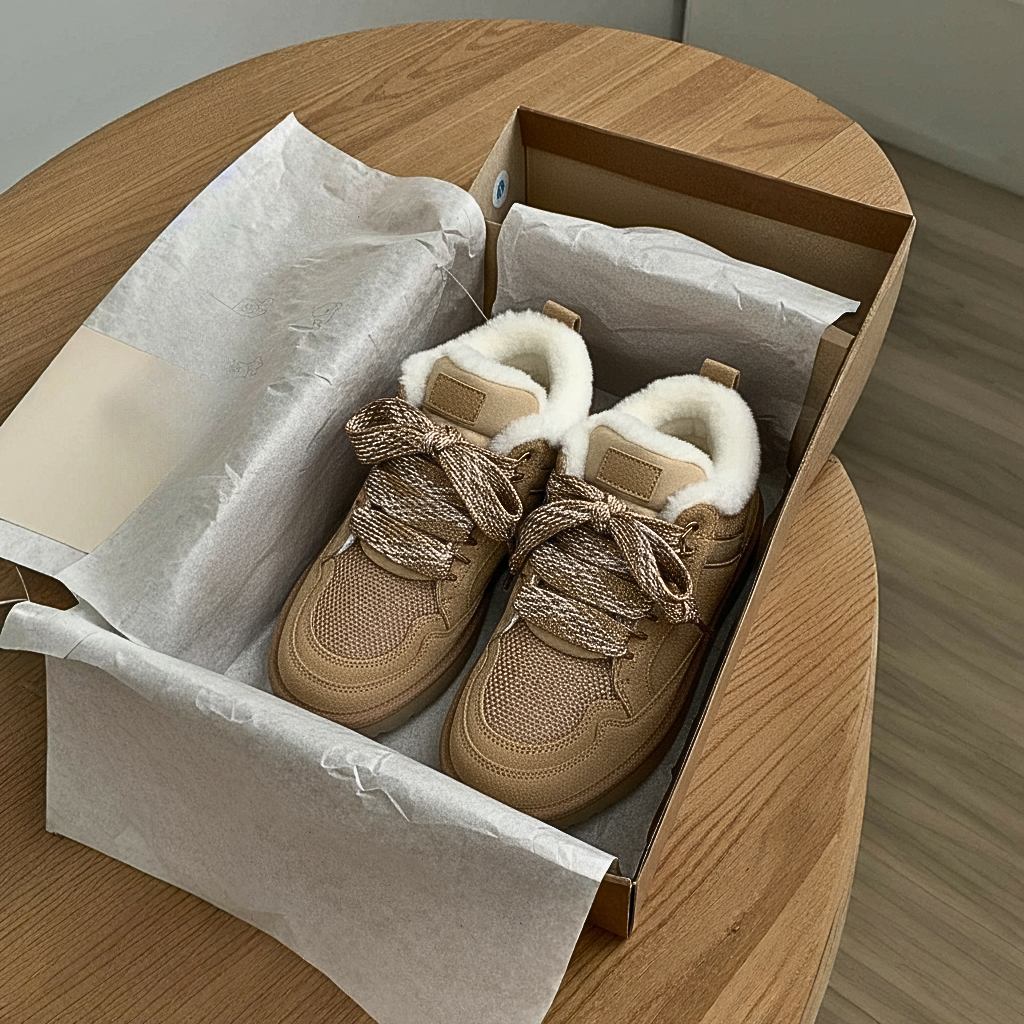 Close-up of UGG moccasin hand-stitched seams and premium suede texture