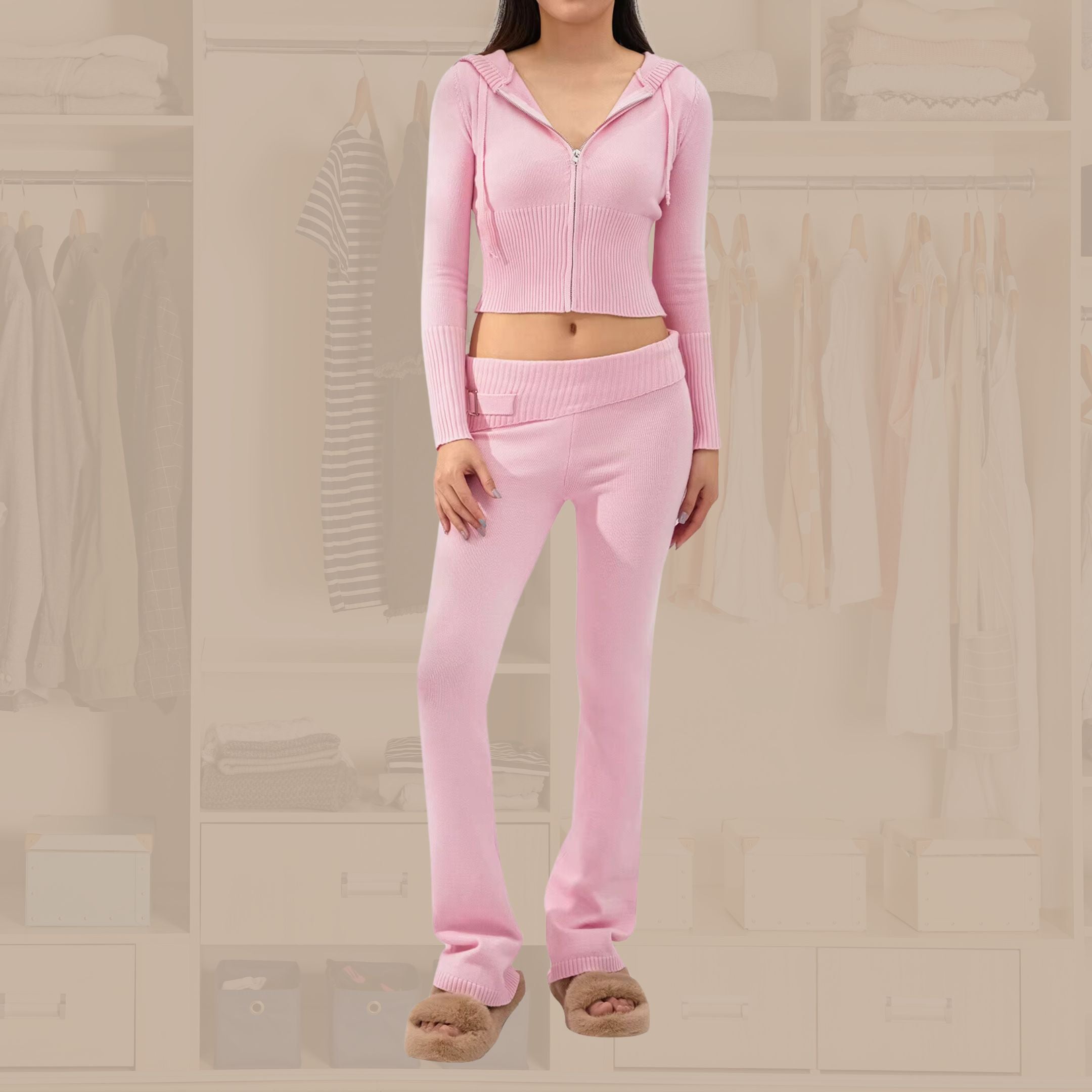 Women's Knitted Long Sleeve Hoodie and Pants Zip Up Sets