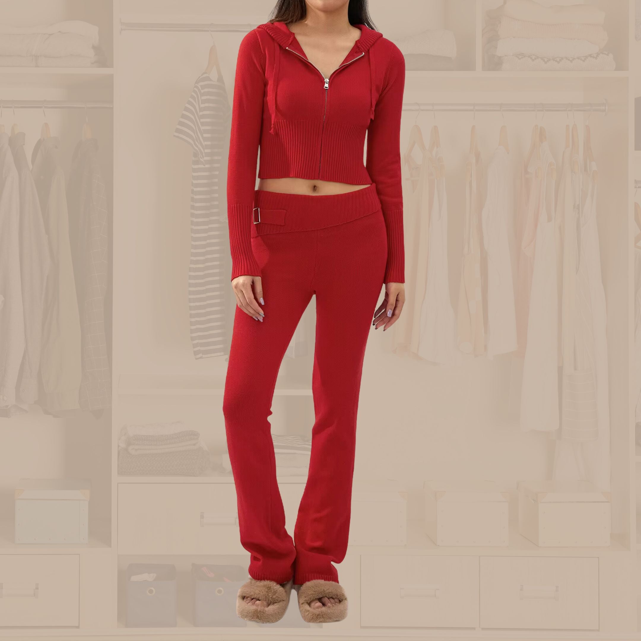 Women's Knitted Long Sleeve Hoodie and Pants Zip Up Sets