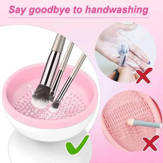 Electric makeup brush cleaner with pink silicone bowl, cleaning brushes, no handwashing