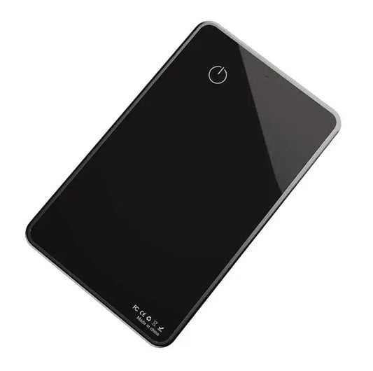 Sleek black portable electronic device with power button symbol and rounded corners