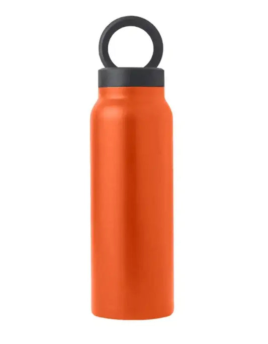 Orange stainless steel water bottle with black loop lid, insulated drink container