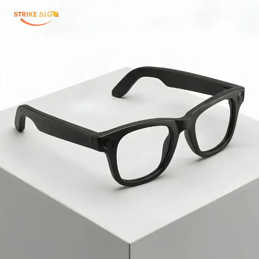 Black glasses on a white and gray geometric background with 'Strike Alg' logo.