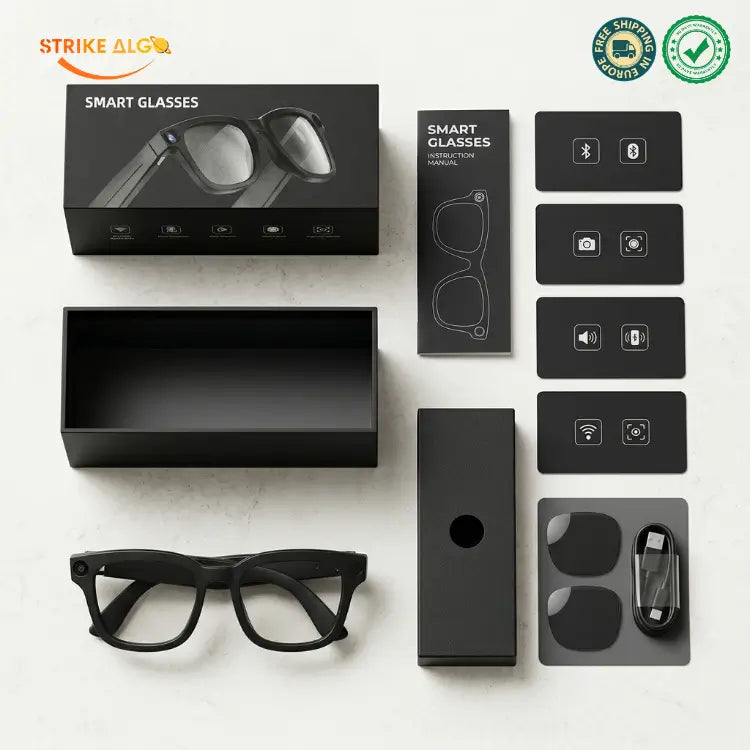 Smart glasses kit with black frames, lenses, charging cable, instruction manual, and packaging