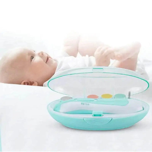 Baby lying on bed near electric nail care kit in turquoise case, safe grooming for infants