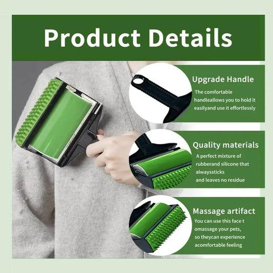 Green silicone pet hair remover roller with ergonomic handle, shown in use on clothing