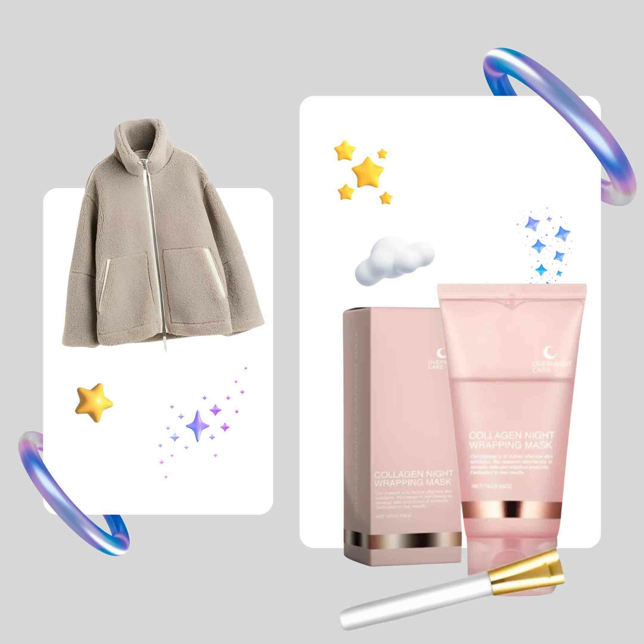 A pink jacket alongside a pink tube and a white tube, showcasing a vibrant color palette and stylish accessories.