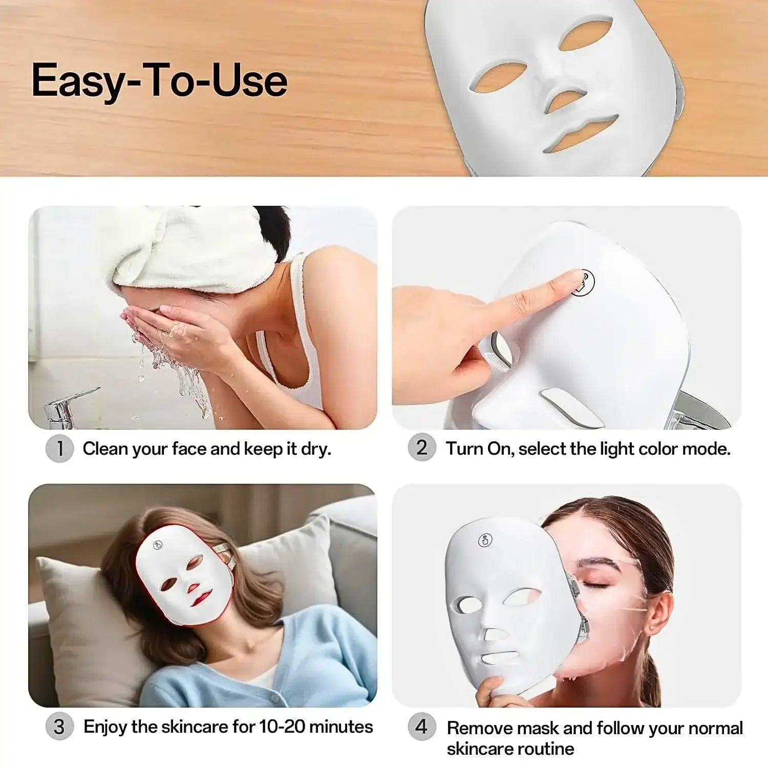 7-Color LED Red Light Therapy Face Mask — Cordless, 90 LEDs, One-Touch Control - Strike Algo