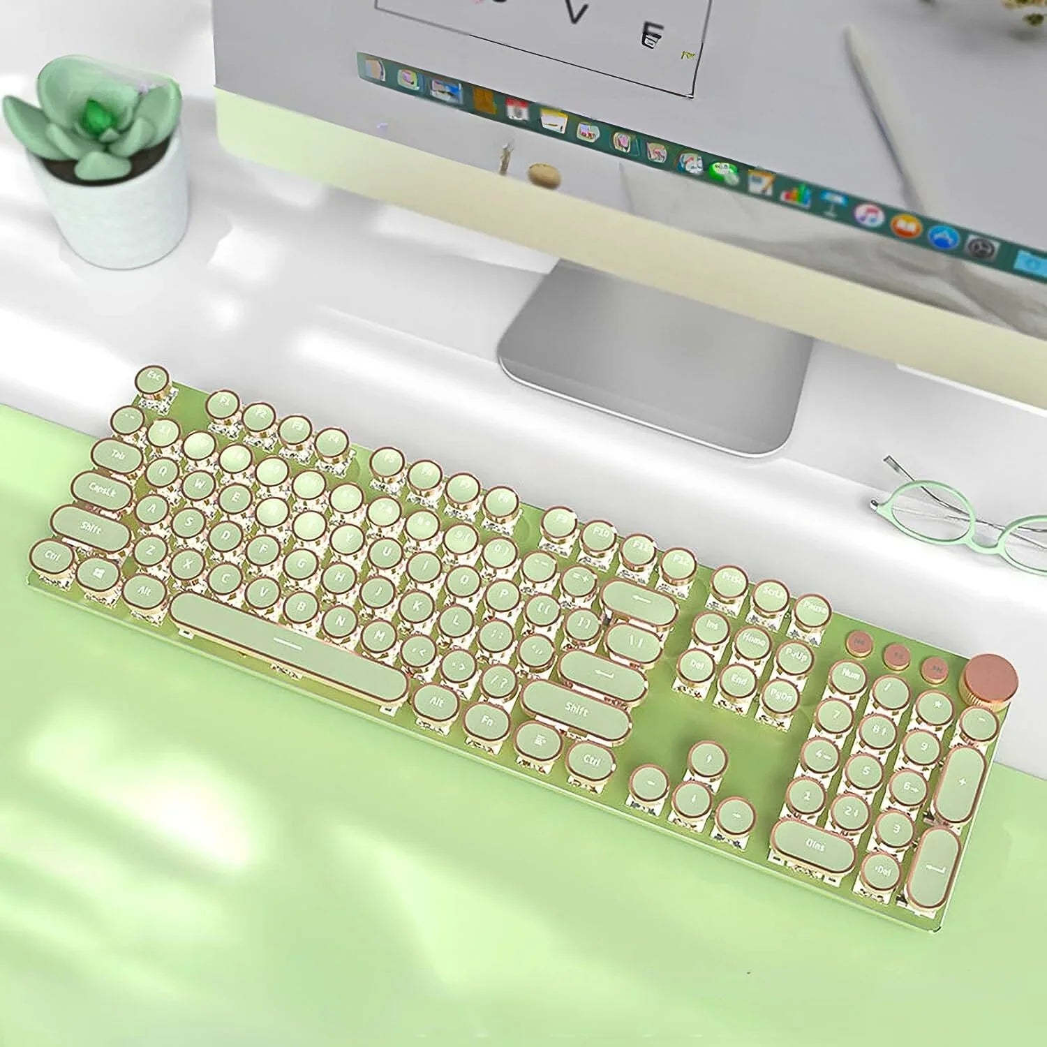 TISHLED retro mechanical gaming keyboard (Matcha Green) — 104-Key NKRO, White LED, Volume Knob, USB-C - Strike Algo