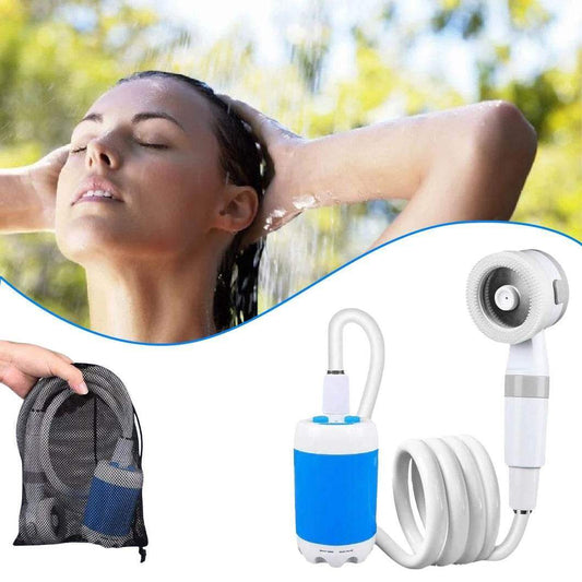Portable outdoor shower kit with water pump and flexible hose, used for camping or travel.